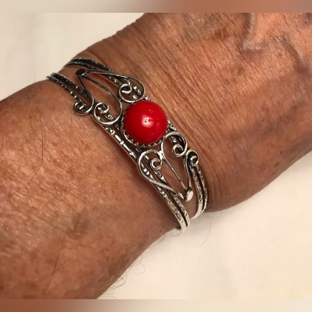 Red Coral Stamped 925 Sterling Silver Cuff Bracelet